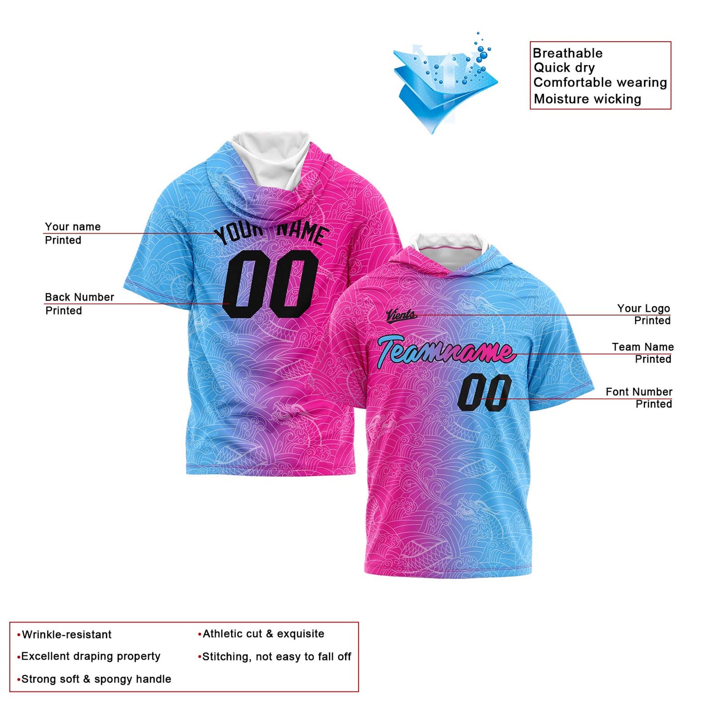 Custom Pink Light Blue Short Sleeve Hoodies for Men Women Shirts with Hoods Printed Name Logo