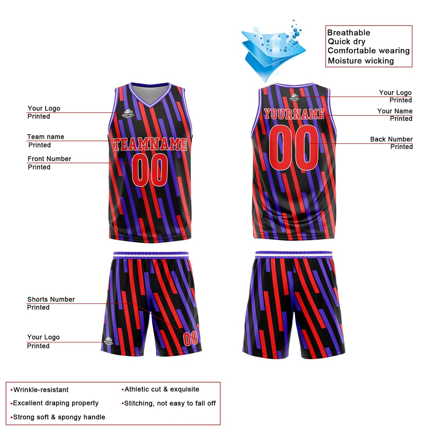 Custom Red Purple Reversible Basketball Suit for Adults and Kids Personalized Jersey