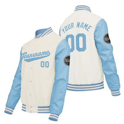 Custom Cream White Blue Varsity Jackets for Men Women Youth Personalized Letterman Jackets