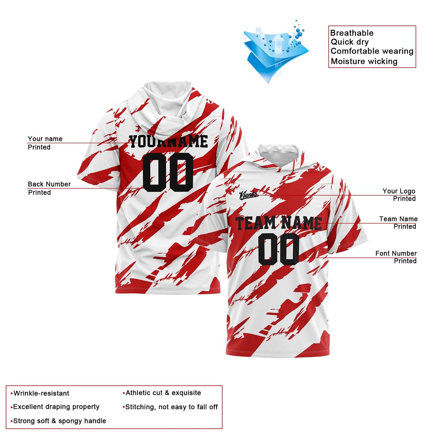 Custom White Red Short Sleeve Hoodies for Men Women Shirts with Hoods Printed Name Logo