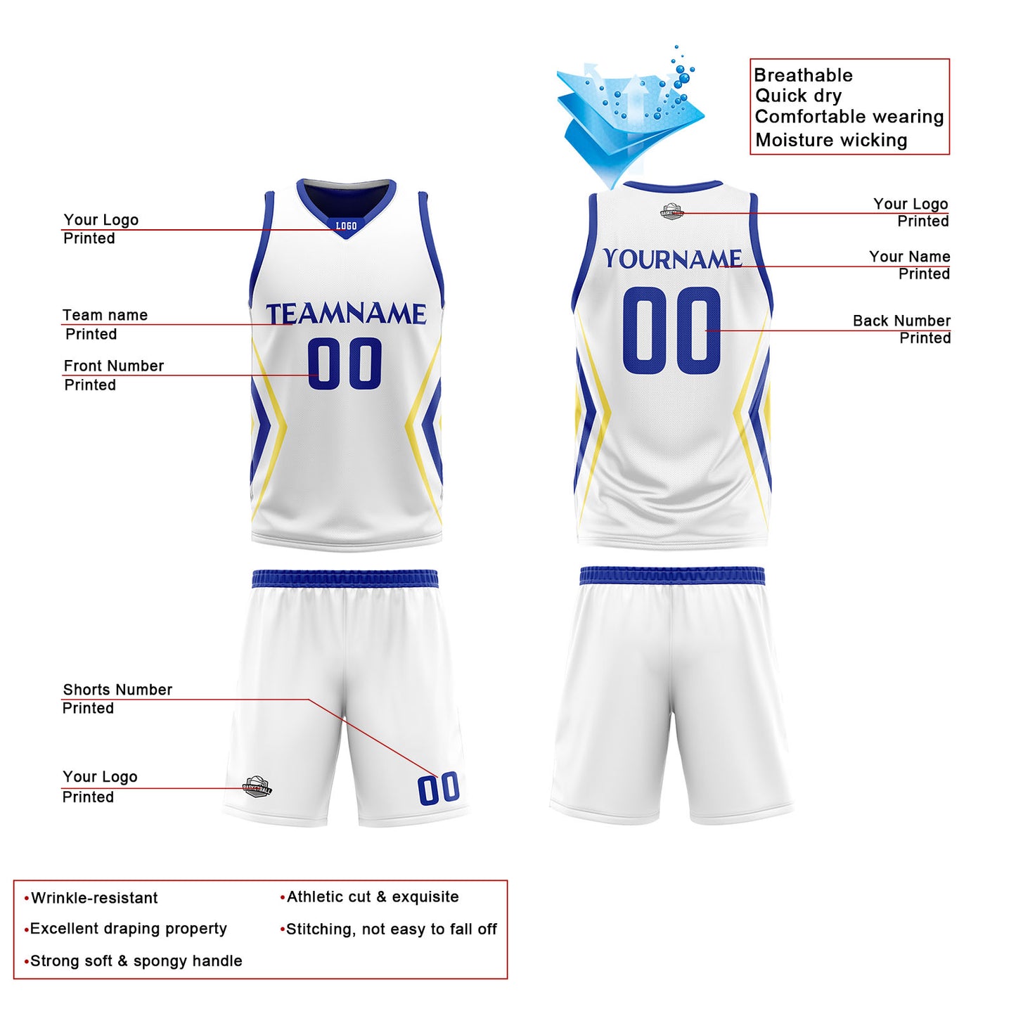 Custom White Royal Blue Reversible Basketball Jersey Uniform Suit Printed Your Logo Name Number