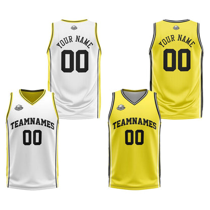 Custom White Yellow Black Reversible Basketball Suit for Adults and Kids Personalized Jersey