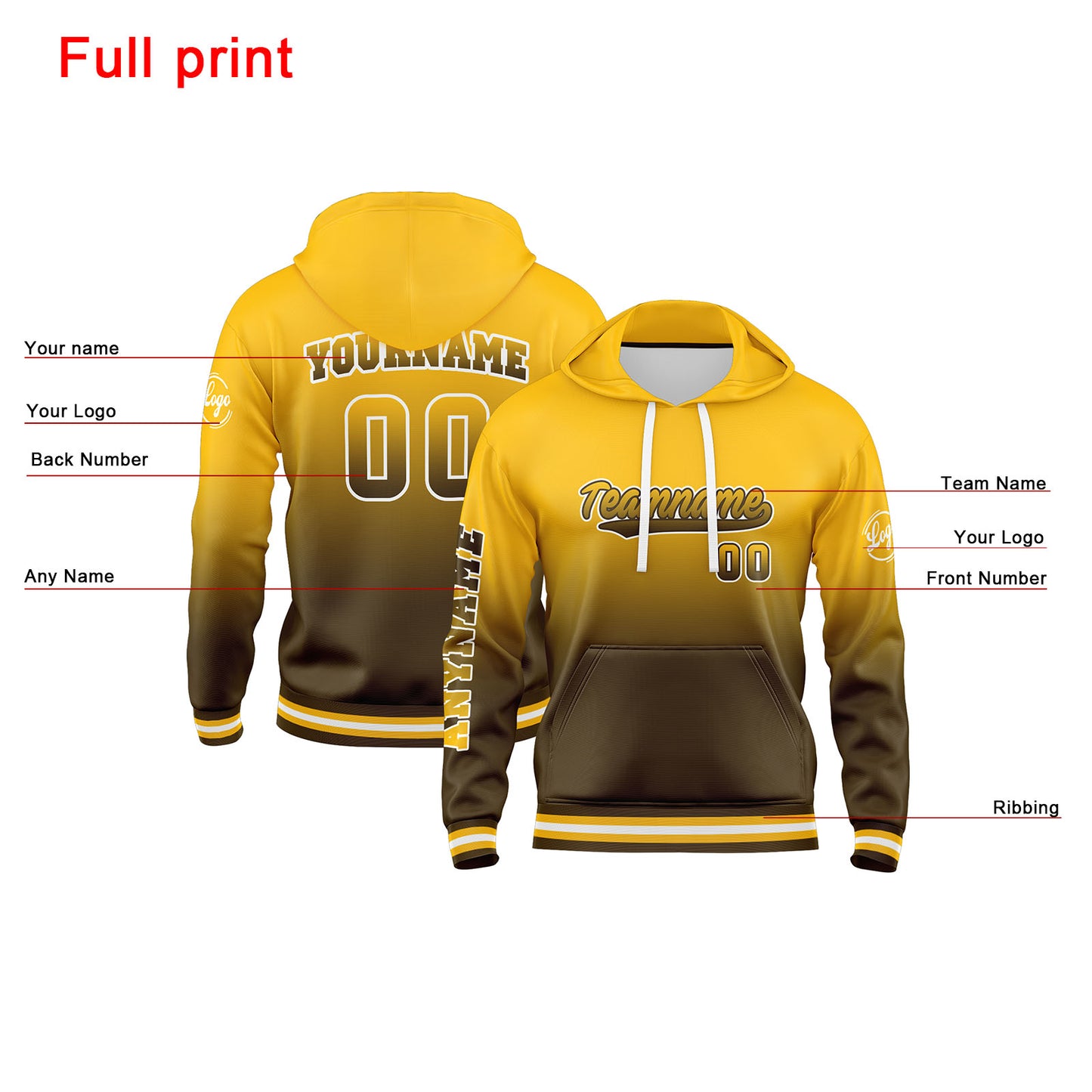 Custom Brown Yellow Hoodie Personalized Mens Pullover Hoodie Printed Team Name Number Logo for Women