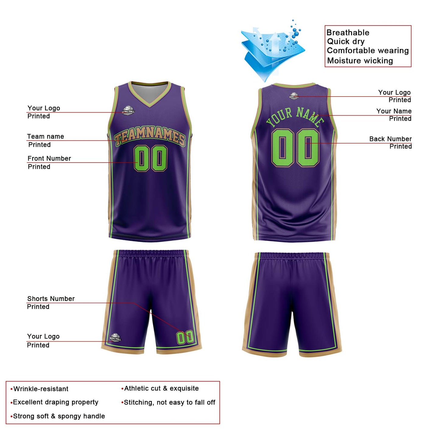 Custom Purple White Gold Neon Green Reversible Basketball Suit for Adults and Kids Personalized Jersey