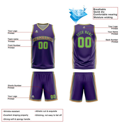 Custom Purple White Gold Neon Green Reversible Basketball Suit for Adults and Kids Personalized Jersey