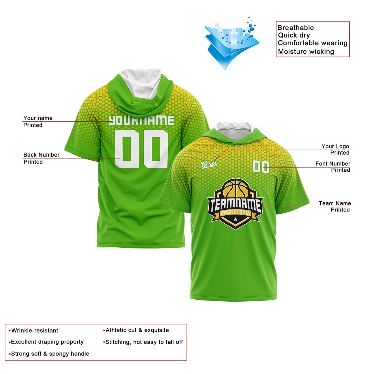 Custom Green Yellow Hooded T-Shirt Short Sleeve Hoodies for Men Women Shirts with Hoods Printed Name Logo