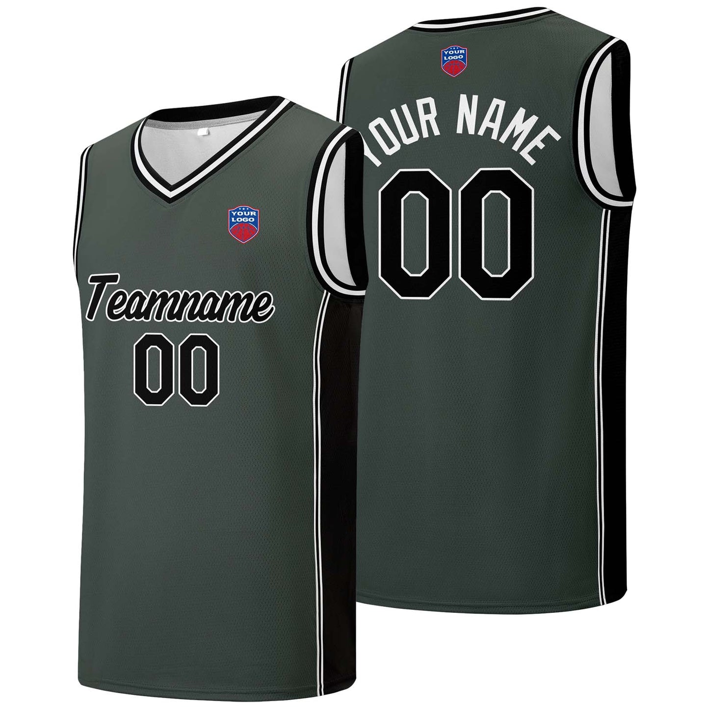 Custom basketball jersey shorts for men and women. Embroidered and printed name, number and logo Grey&Black