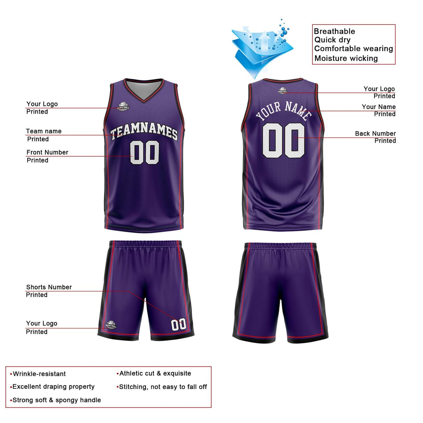 Custom Purple White Red Reversible Basketball Suit for Adults and Kids Personalized Jersey