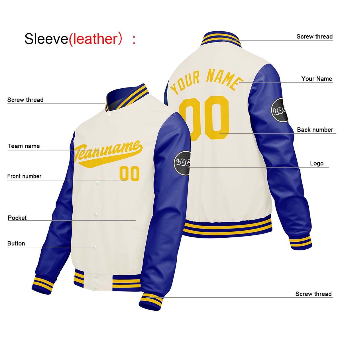 Custom Cream White Blue Varsity Jackets for Men Women Youth Personalized Letterman Jackets