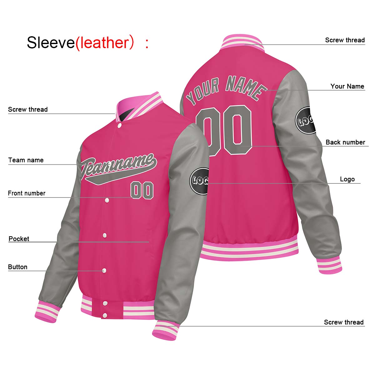 Custom Light Gray Pink Varsity Jackets for Men Women Youth Personalized Letterman Jackets