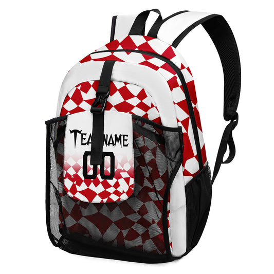 Customize Red White Sports Backpacks Featuring Personalized Names, Numbers and Logos