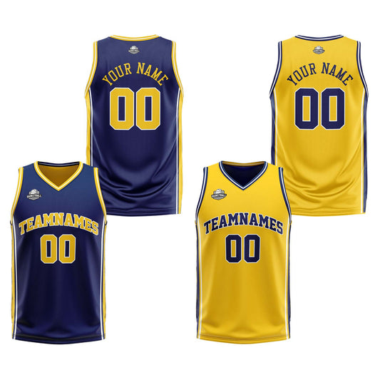 Custom Navy Yellow Reversible Basketball Suit for Adults and Kids Personalized Jersey
