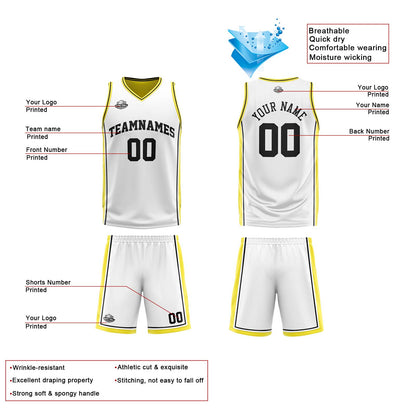 Custom White Yellow Black Reversible Basketball Suit for Adults and Kids Personalized Jersey
