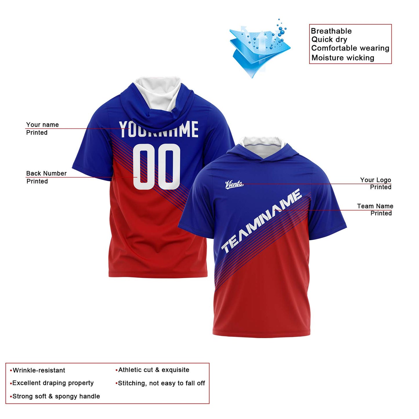 Custom Royal Red Short Sleeve Hoodies for Men Women Shirts with Hoods Printed Name Logo