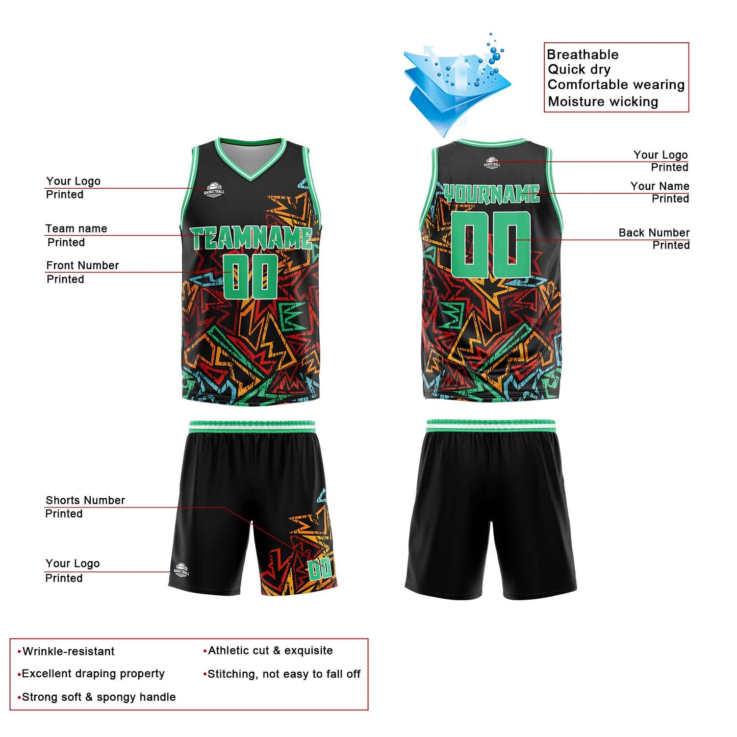 Custom Damaged geometry Green Basketball Jersey Uniform Suit Printed Your Logo Name Number