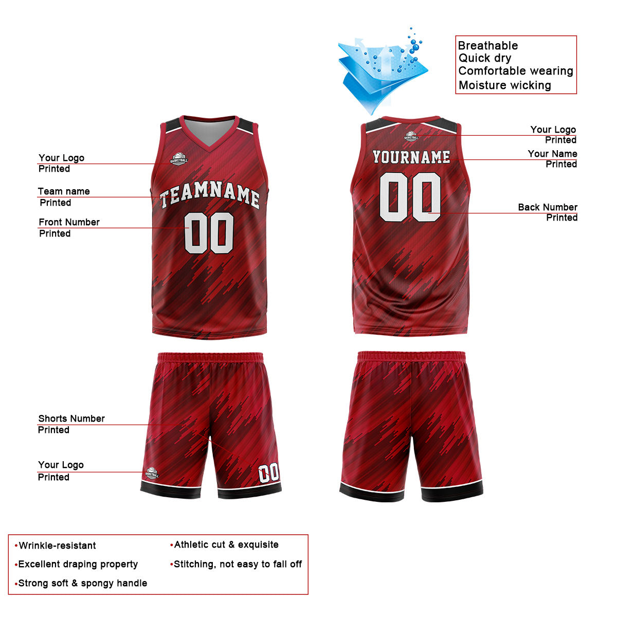 Custom Strip-Type Red Reversible Basketball Suit for Adults and Kids Personalized Jersey