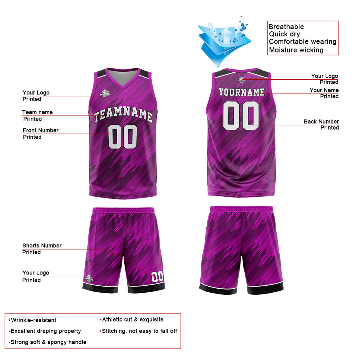 Custom Strip-Type Rose Reversible Basketball Suit for Adults and Kids Personalized Jersey