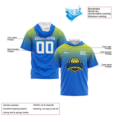 Custom Blue Yellow Hooded T-Shirt Short Sleeve Hoodies for Men Women Shirts with Hoods Printed Name Logo
