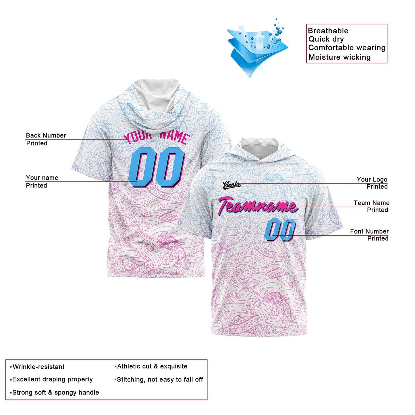 Custom White Pink Light Blue Short Sleeve Hoodies for Men Women Shirts with Hoods Printed Name Logo