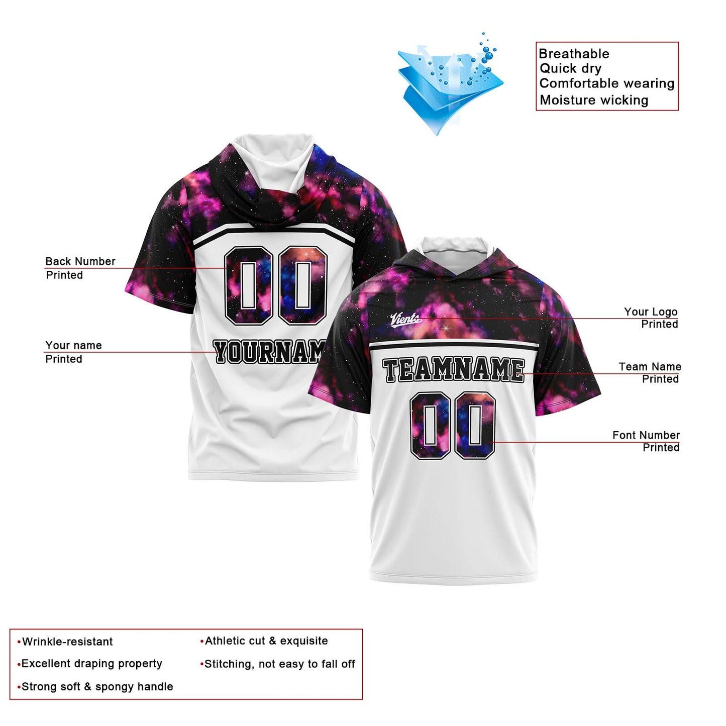 Custom White Starry Sky Short Sleeve Hoodies for Men Women Shirts with Hoods Printed Name Logo