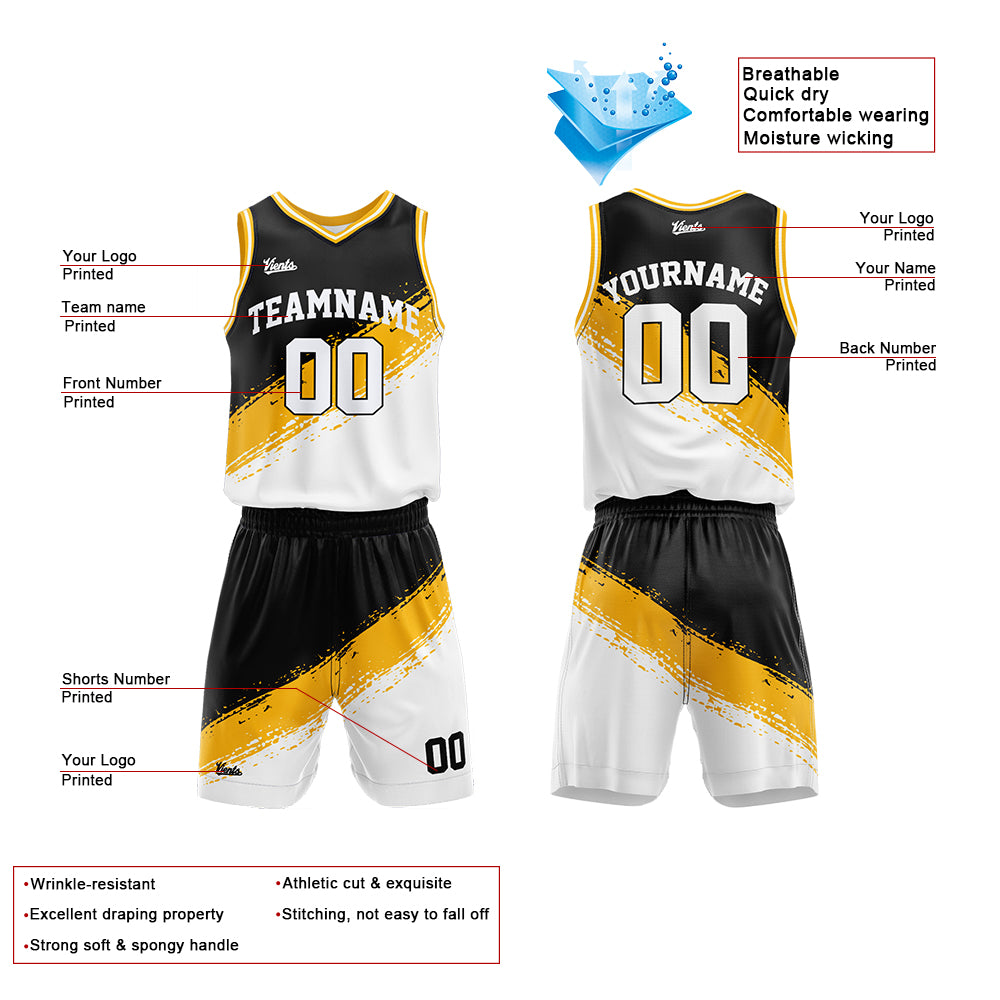 Custom Reversible Basketball Suit for Adults and Kids Black-Yellow-White
