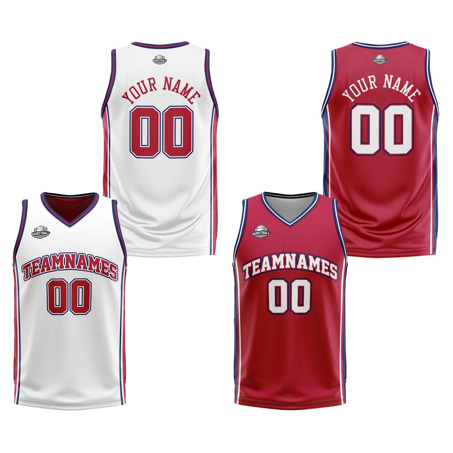 Custom White Red Navy Reversible Basketball Suit for Adults and Kids Personalized Jersey