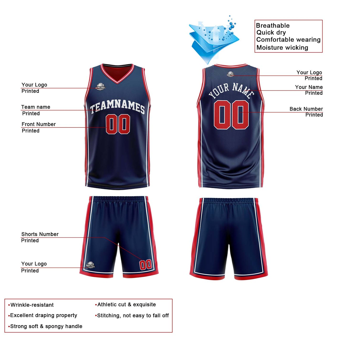 Custom Navy Red White Reversible Basketball Suit for Adults and Kids Personalized Jersey