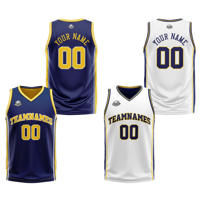 Custom Navy Yellow White Reversible Basketball Suit for Adults and Kids Personalized Jersey
