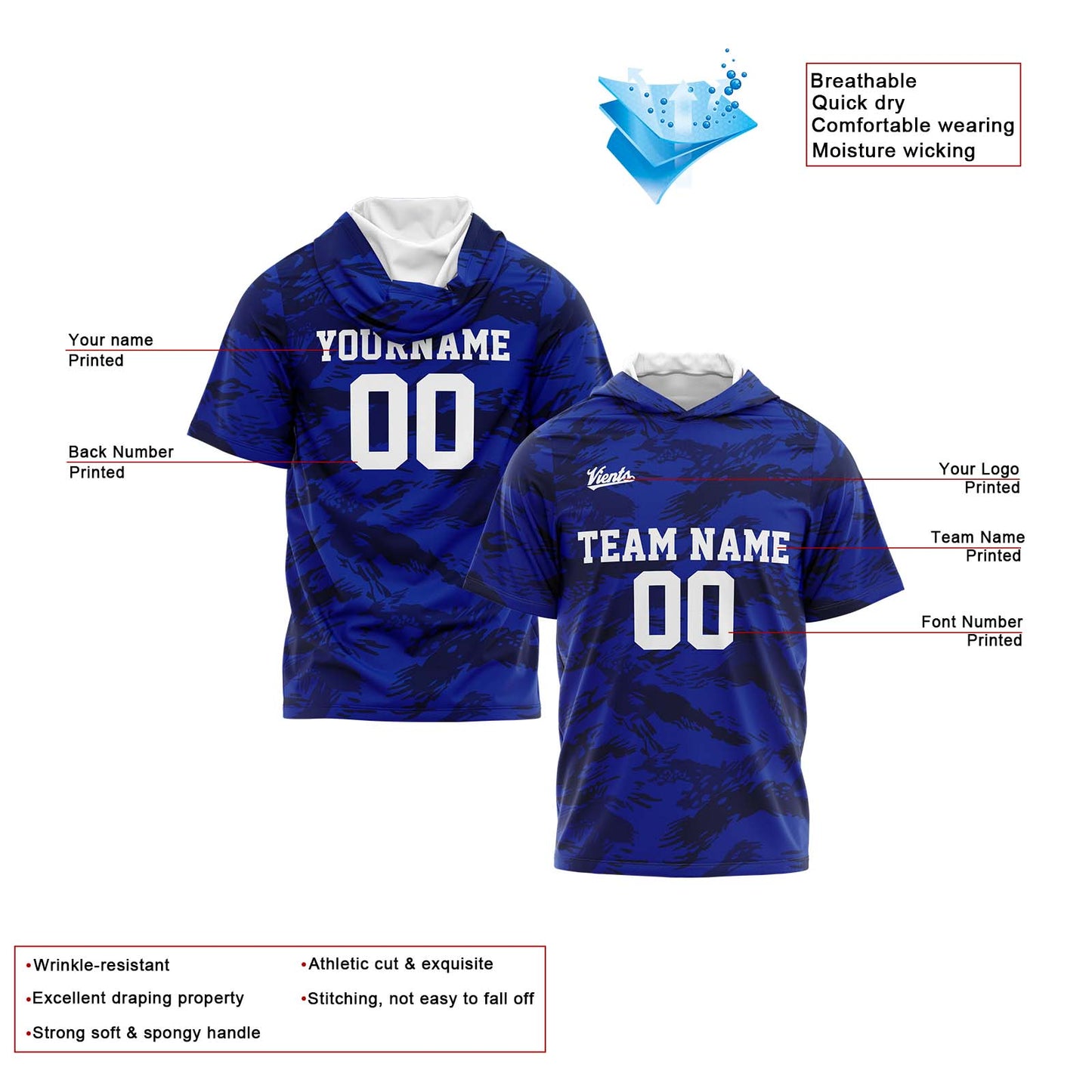 Custom Royal Short Sleeve Hoodies for Men Women Shirts with Hoods Printed Name Logo