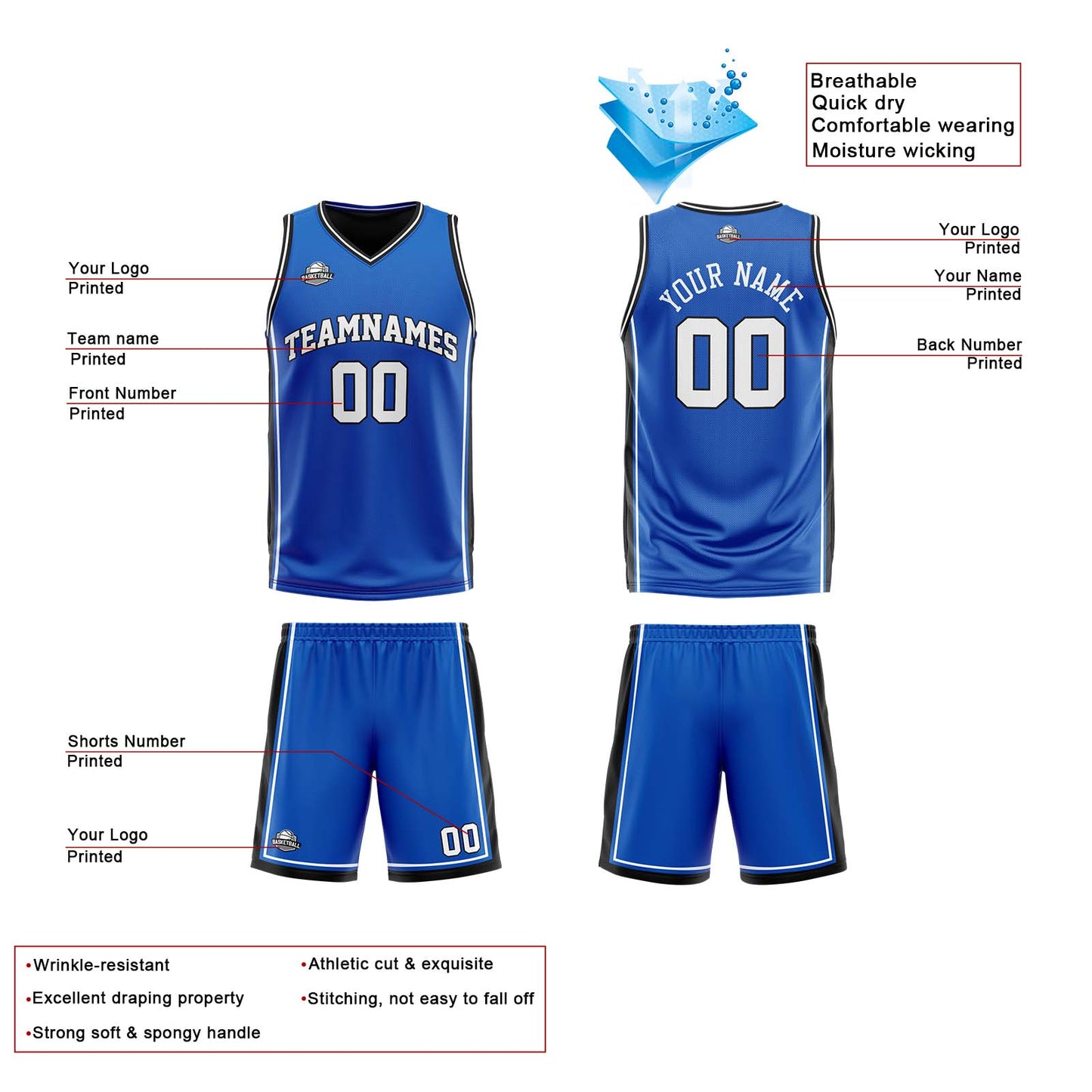 Custom Royal Black Reversible Basketball Suit for Adults and Kids Personalized Jersey