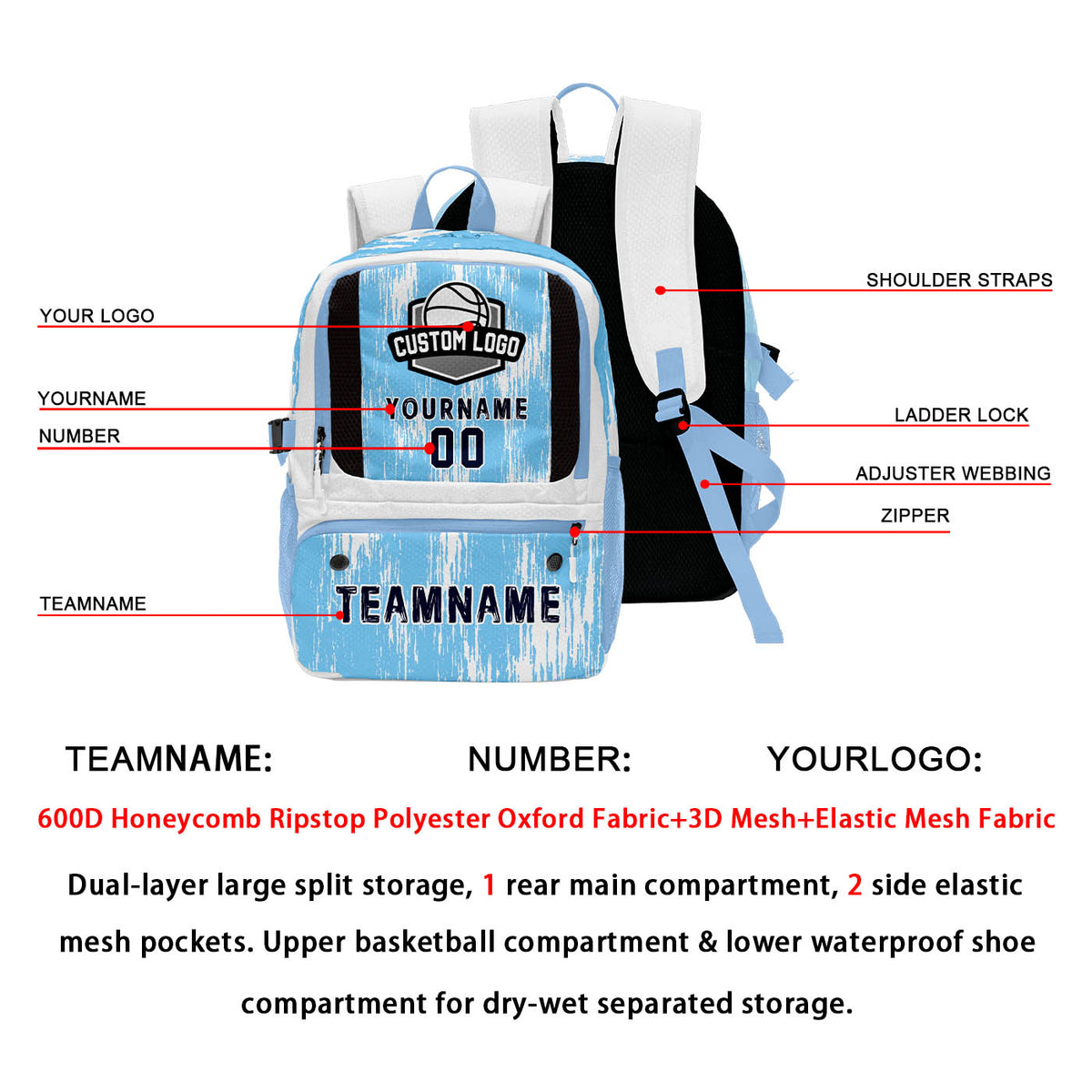 Custom Light Blue White Deep Blue Basketball Soccer Backpack Personalized Player Names Numbers Team Logo #BB-0919-0021