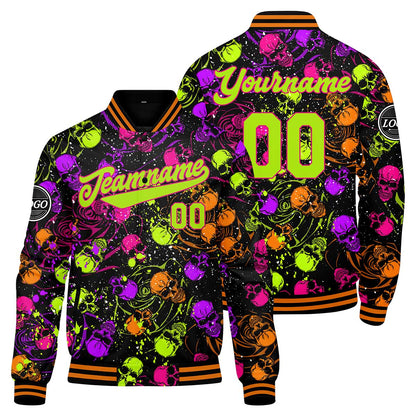 Custom Splashing skeletons & Orange green Varsity Jacket for Men Women and Youth with Personalized Letterman Jacket
