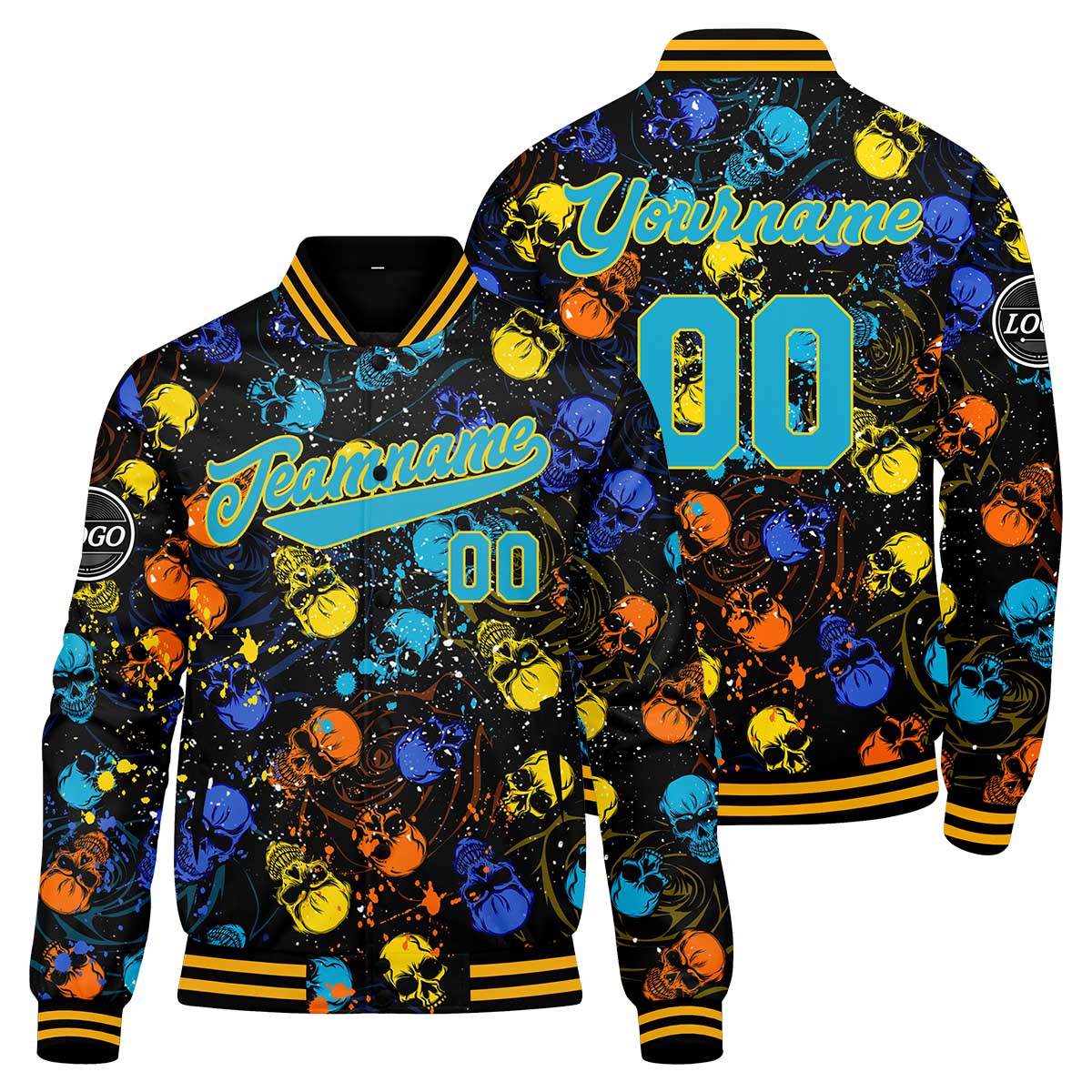 Custom Splashing skeletons & Blue yellow Varsity Jacket for Men Women and Youth with Personalized Letterman Jacket