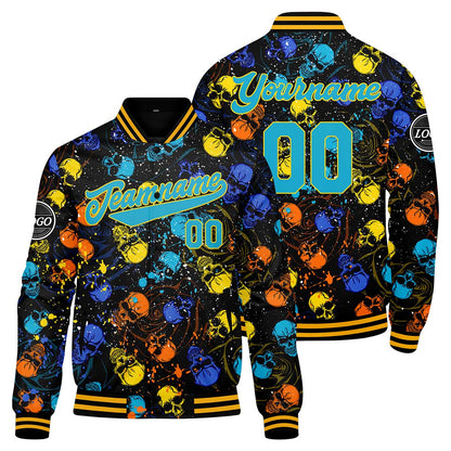Custom Splashing skeletons & Blue yellow Varsity Jacket for Men Women and Youth with Personalized Letterman Jacket