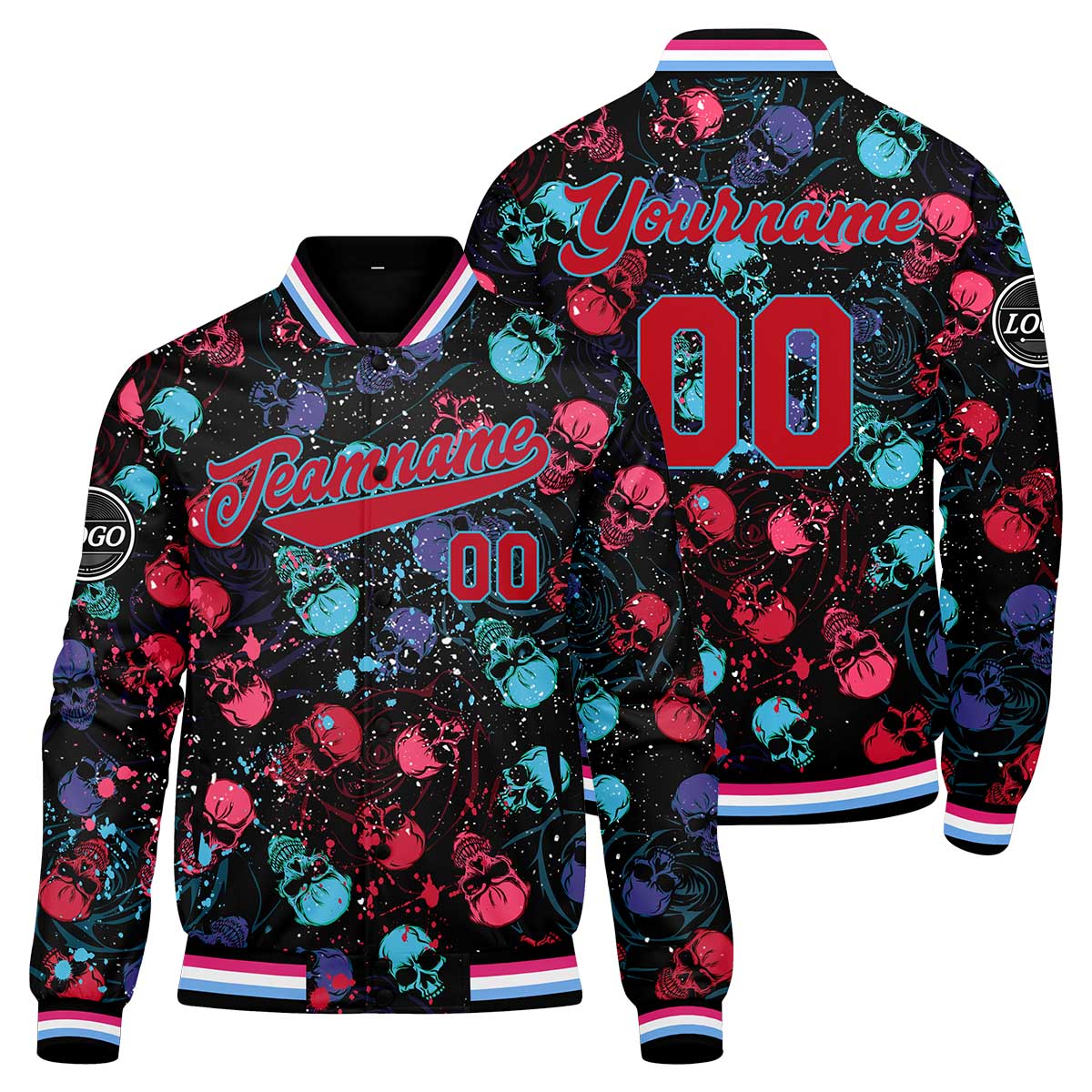 Custom Splashing skeletons & Red blue Varsity Jacket for Men Women and Youth with Personalized Letterman Jacket