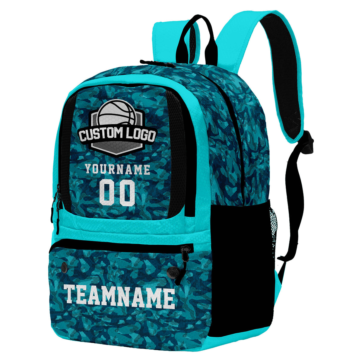 Custom Cyan Blue Basketball Soccer Backpack Personalized Player Names Numbers Team Logo #BB-1010-0001