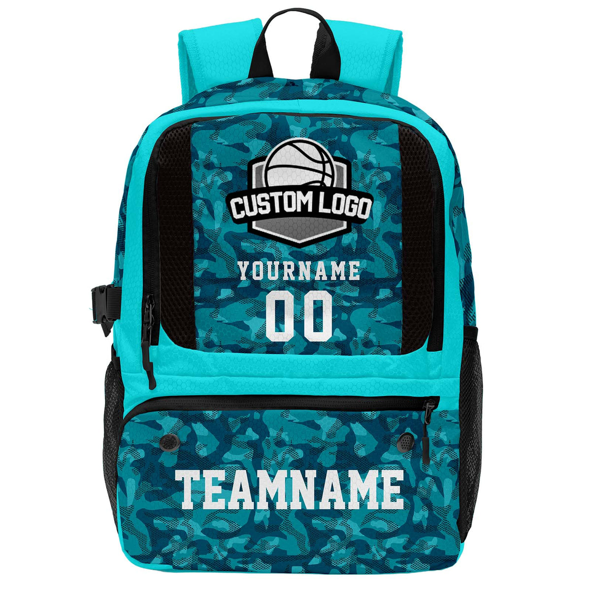 Custom Cyan Blue Basketball Soccer Backpack Personalized Player Names Numbers Team Logo #BB-1010-0001