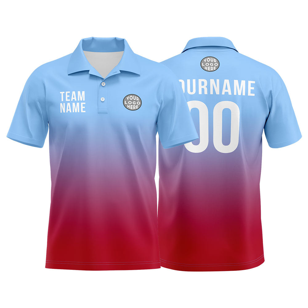 Custom Light Blue Red Football Gradient Polo Shirts  Add Your Unique Logo/Name/Number
