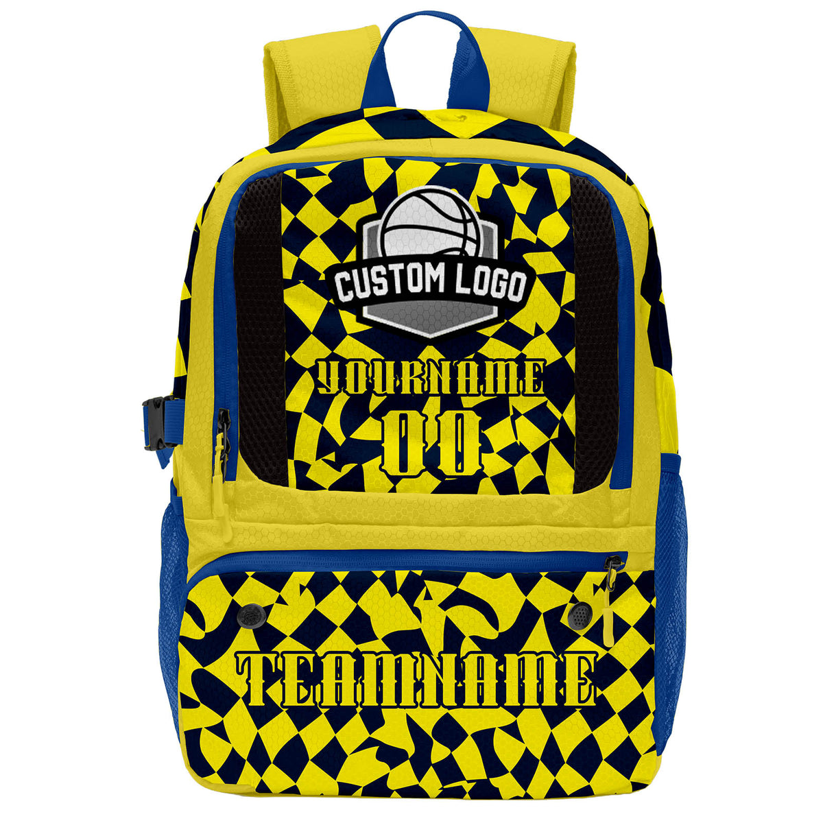 Custom Lemon Yellow Hidden Blue Basketball Soccer Backpack Personalized Player Names Numbers Team Logo #BB-0919-0018