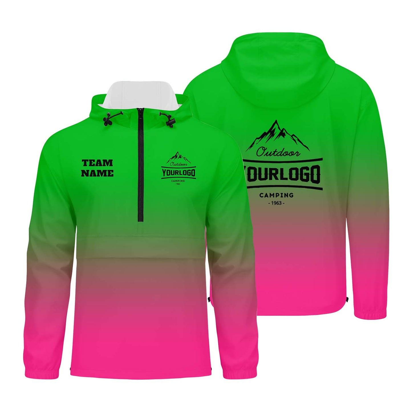 Custom Green Pink Windproof Softshell  Hooded Jacket - Lightweight Full - Zip, Full Print Logos & Texts
