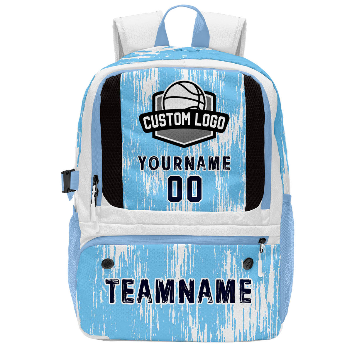 Custom Light Blue White Deep Blue Basketball Soccer Backpack Personalized Player Names Numbers Team Logo #BB-0919-0021