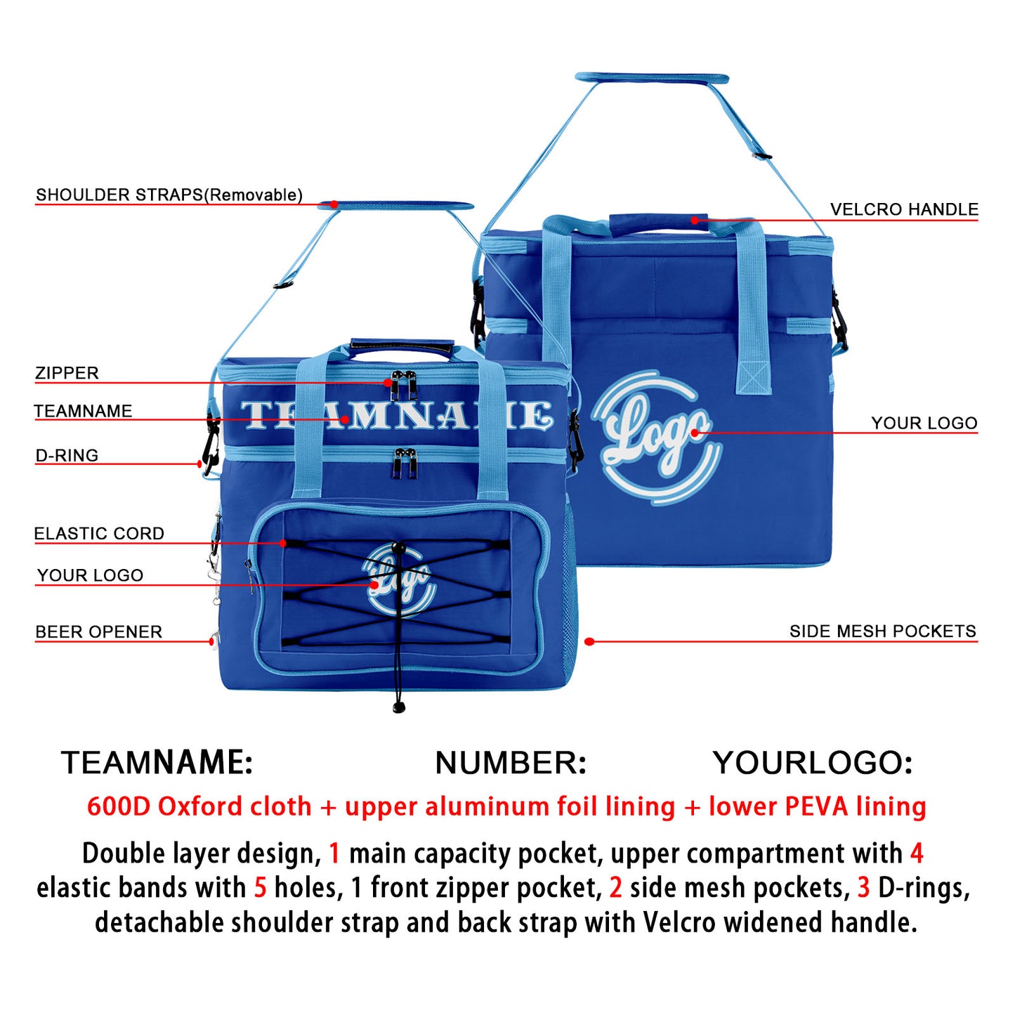 Custom Dark Blue Teal Double Layer Insulated Cooler Bag - 600D Oxford Waterproof Picnic Tote for Camping, Hiking & BBQ - Large Capacity Thermal Lunch Bag