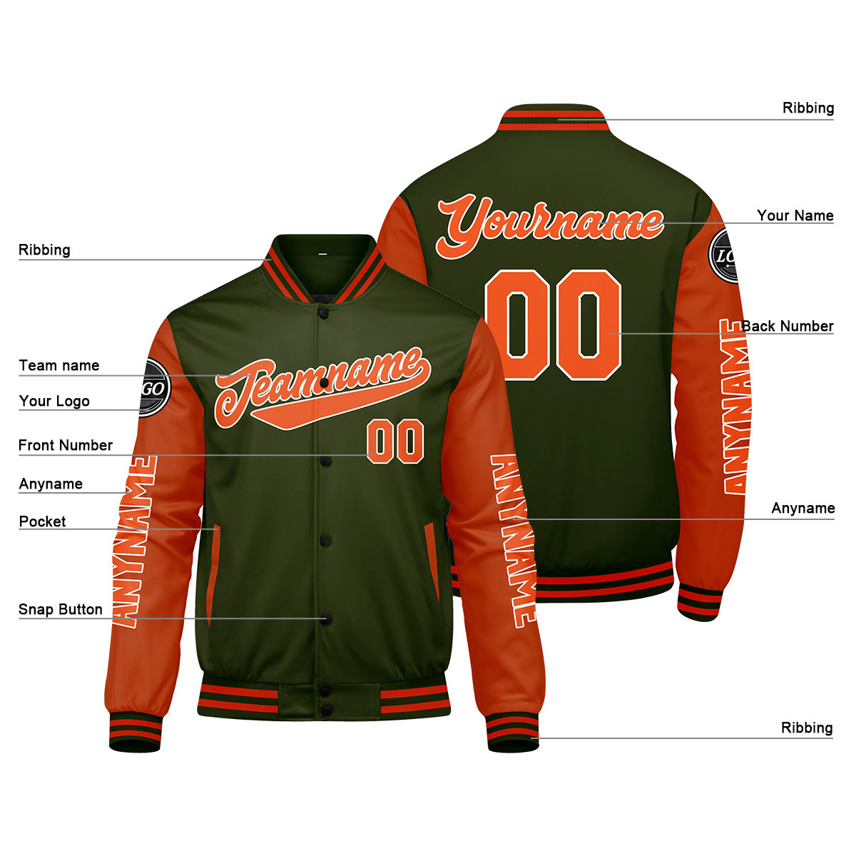 Custom Olive Green Orange Varsity Jackets for Men Women Youth Personalized Letterman Jackets
