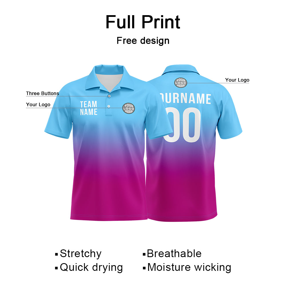 Custom Light Blue Pink Purple Football Gradient Polo Shirts  Add Your Unique Logo/Name/Number