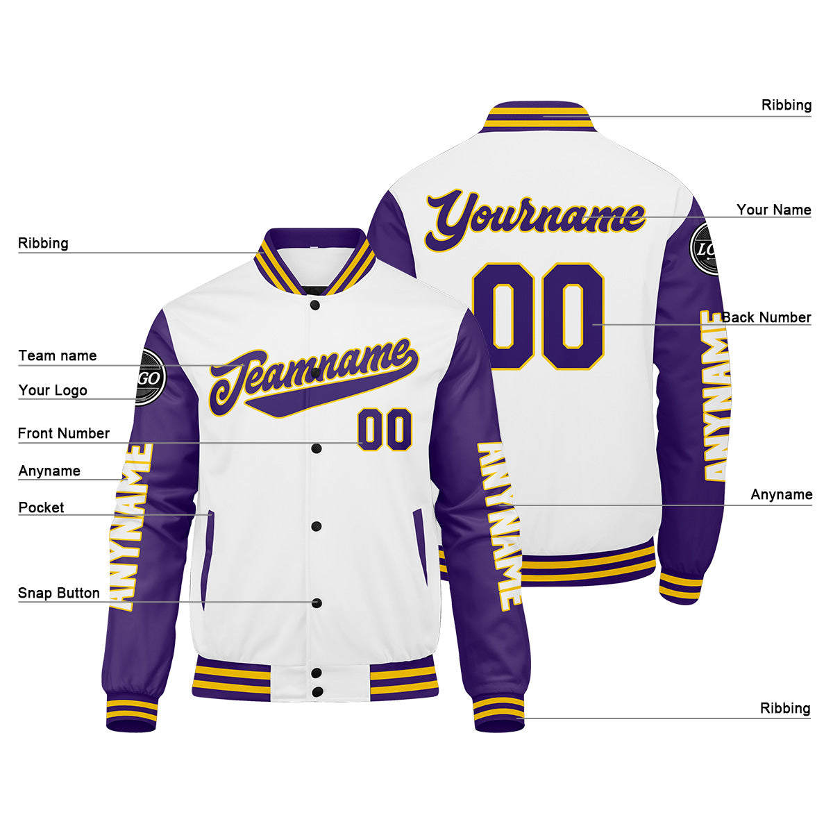 Custom Purple White Yellow Varsity Jackets for Men Women Youth Personalized Letterman Jackets