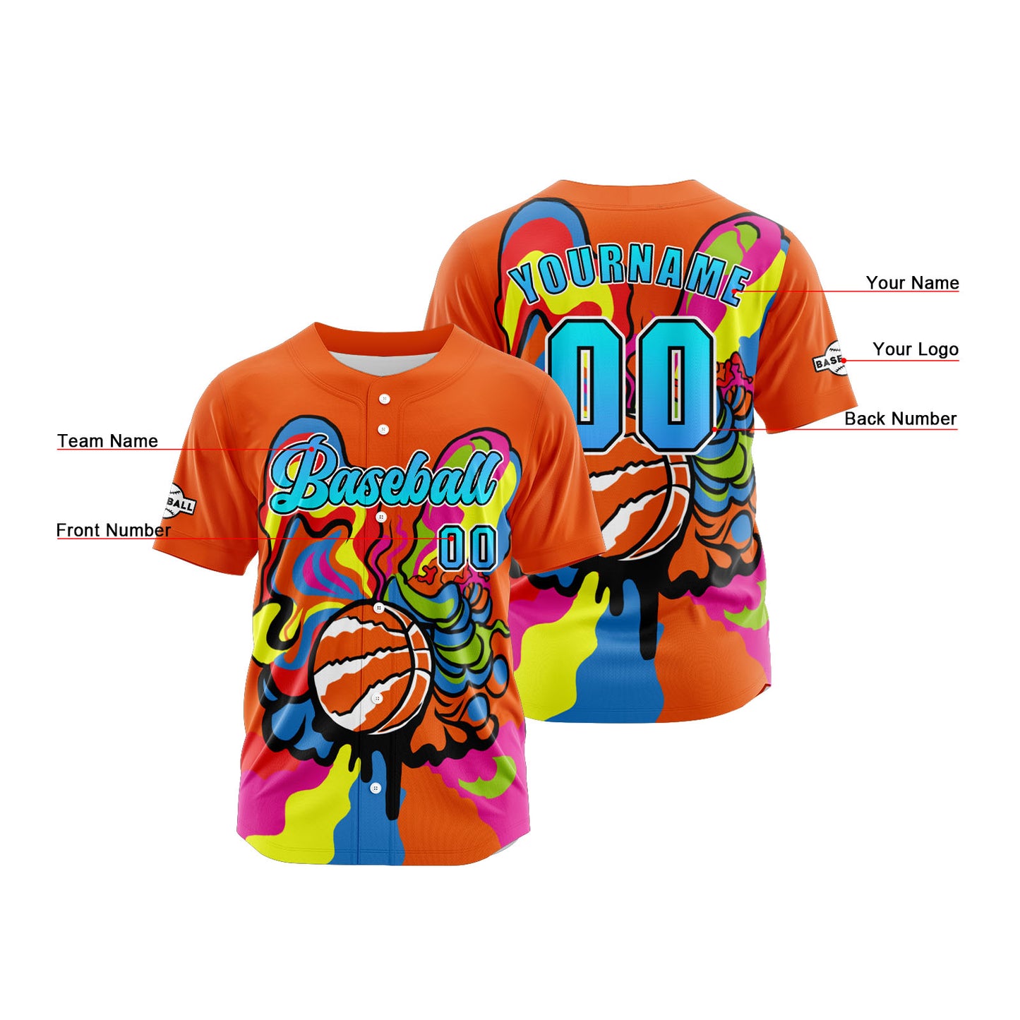 Custom Orange Button Down Baseball Jersey for Men Women Adult Youth Print Name Number Logo