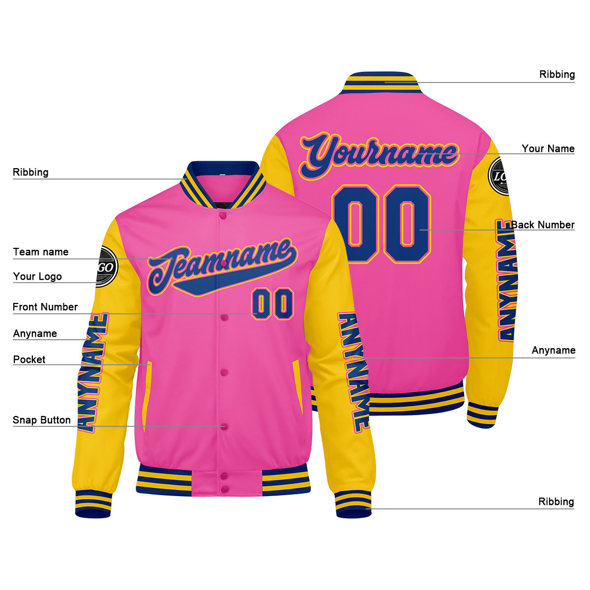 Custom Pink Yellow Royal Varsity Jackets for Men Women Youth Personalized Letterman Jackets