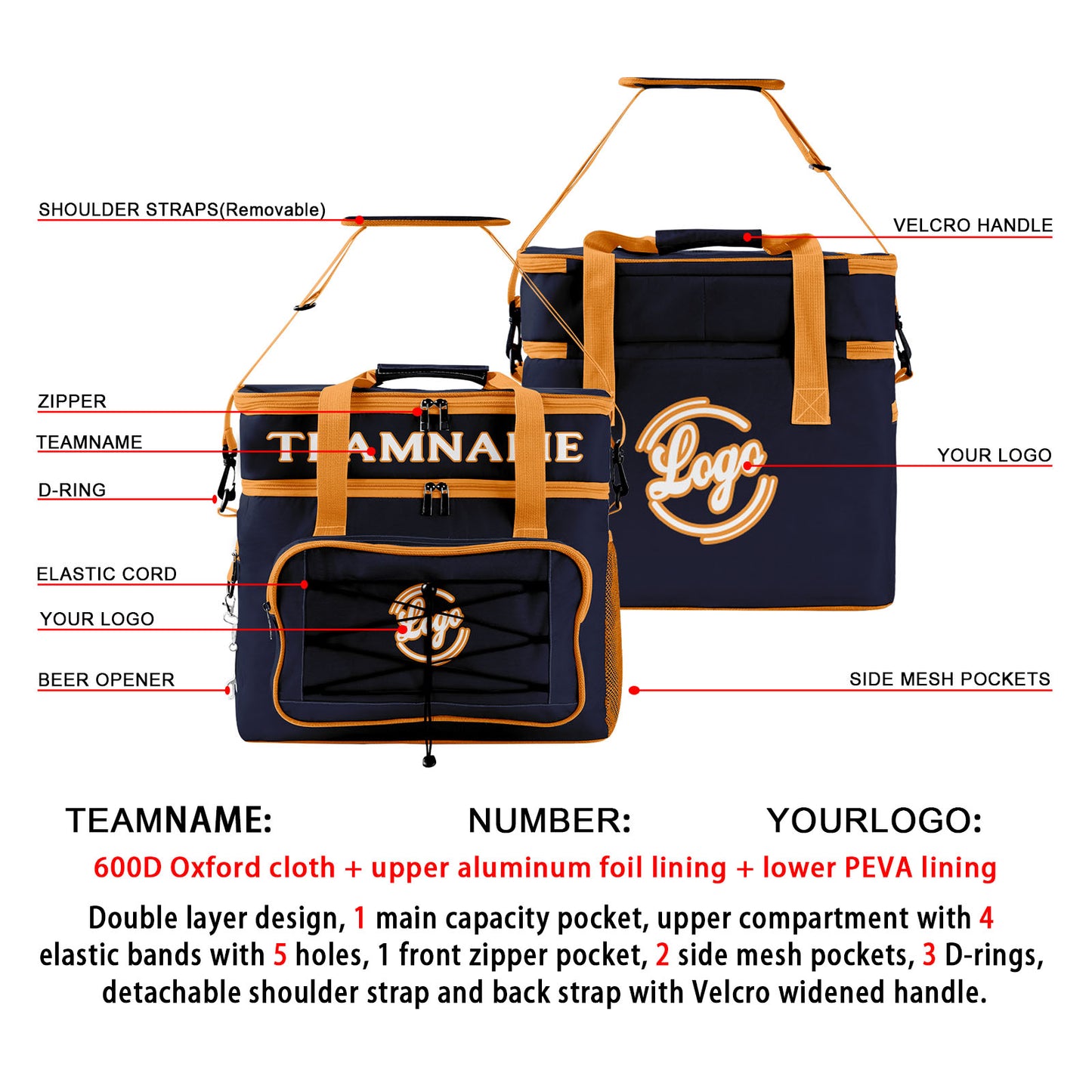 Portable Double Layer Cooler Bag - Waterproof Insulated Picnic Tote for Camping & Family Outings Navy Orange