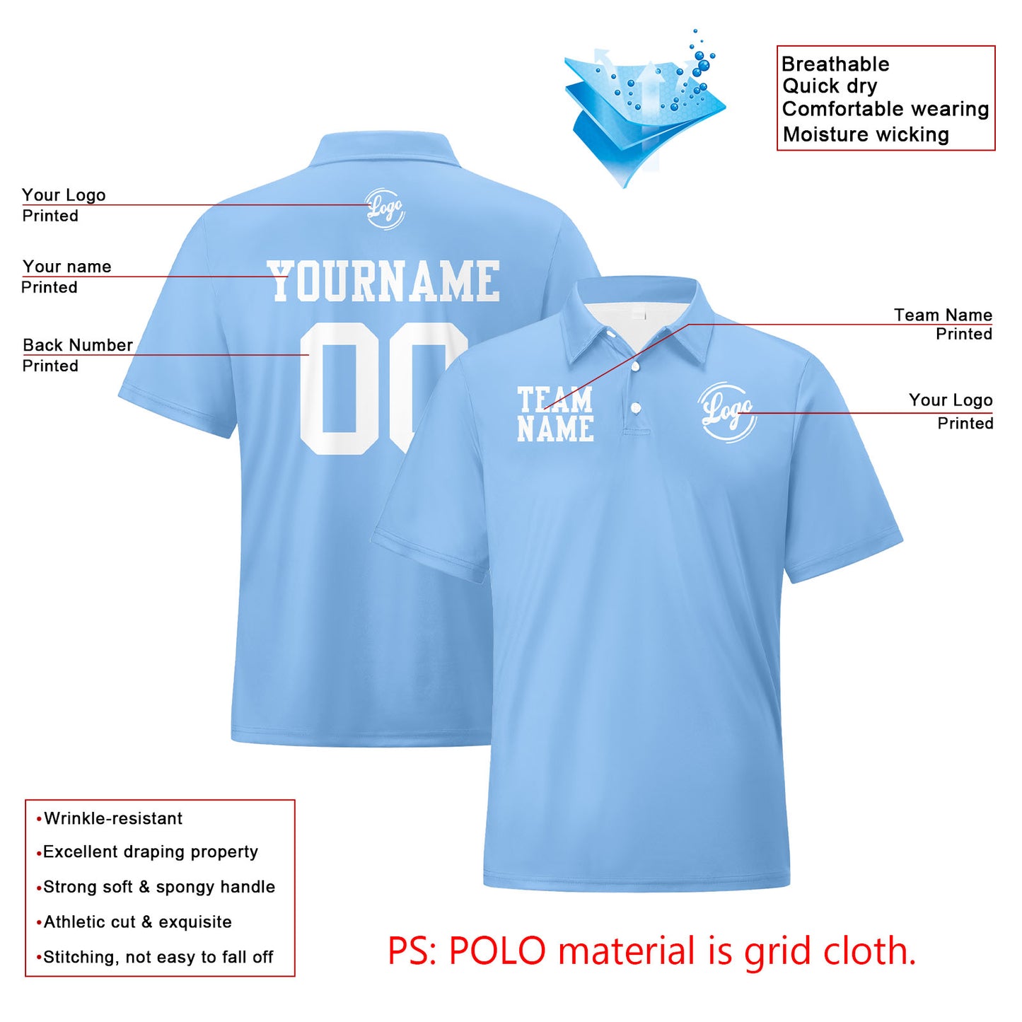 Custom Light Blue White Football Polo Shirts  Add Your Unique Logo/Name/Number
