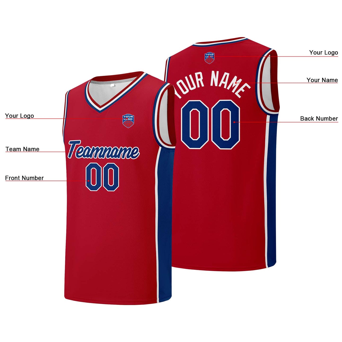 Custom basketball jersey shorts for men and women. Embroidered and printed name, number and logo Red